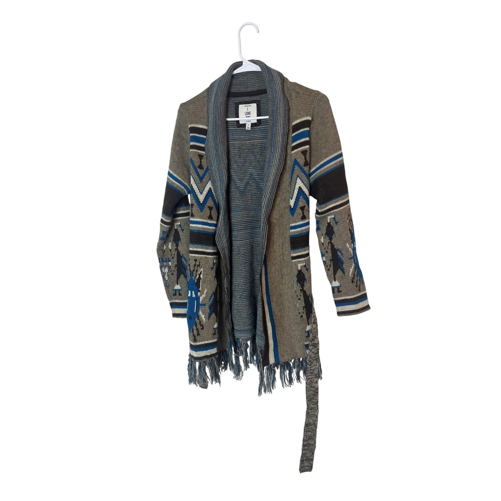 I Love H81 Sweater‎ Womens Small Gray Blue Aztec Cardigan Shawl Collar Fringe